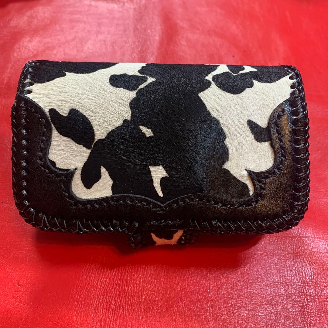 レザークラフトハンドメイドカウ柄ハラコレザーミドルウォレット牛レース編み黒色