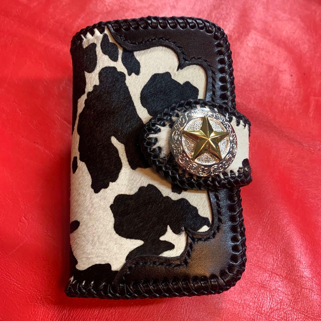 レザークラフトハンドメイドカウ柄ハラコレザーミドルウォレット牛レース編み黒色