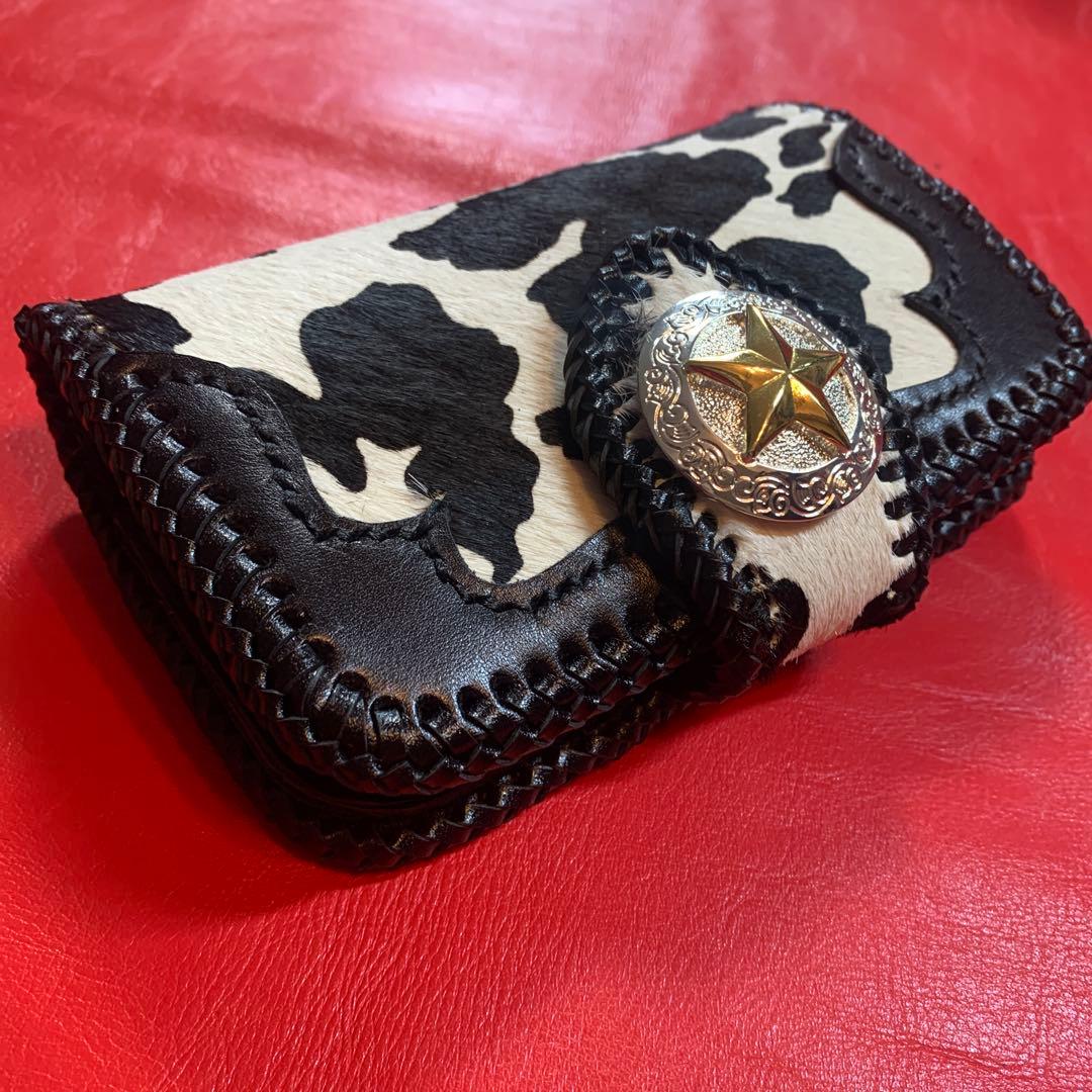 レザークラフトハンドメイドカウ柄ハラコレザーミドルウォレット牛レース編み黒色