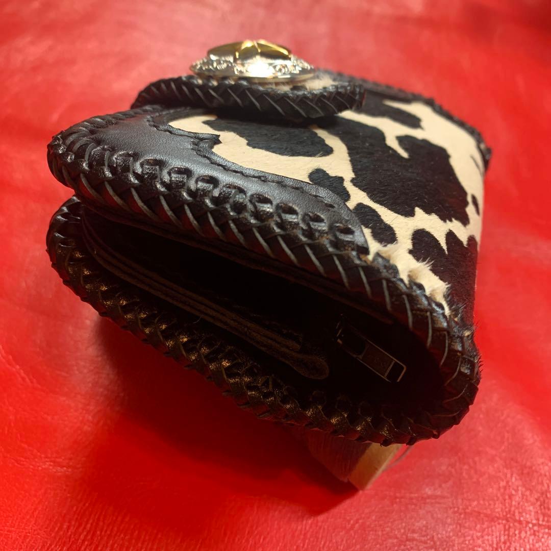 レザークラフトハンドメイドカウ柄ハラコレザーミドルウォレット牛レース編み黒色