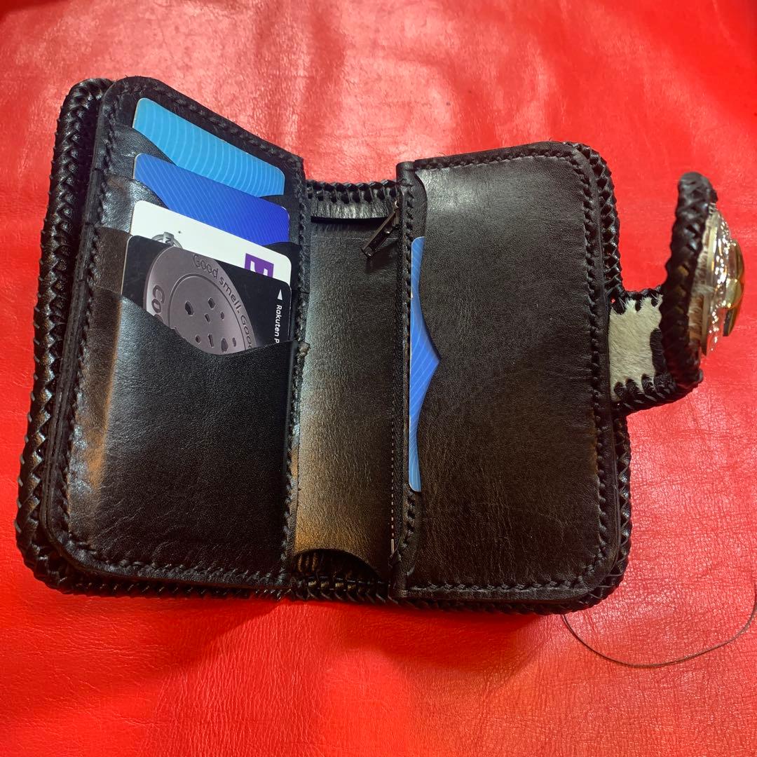 レザークラフトハンドメイドカウ柄ハラコレザーミドルウォレット牛レース編み黒色