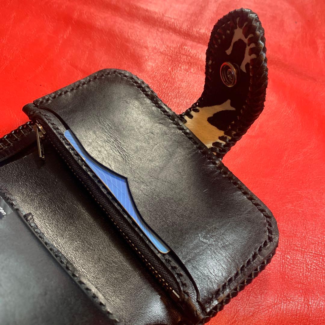 レザークラフトハンドメイドカウ柄ハラコレザーミドルウォレット牛レース編み黒色