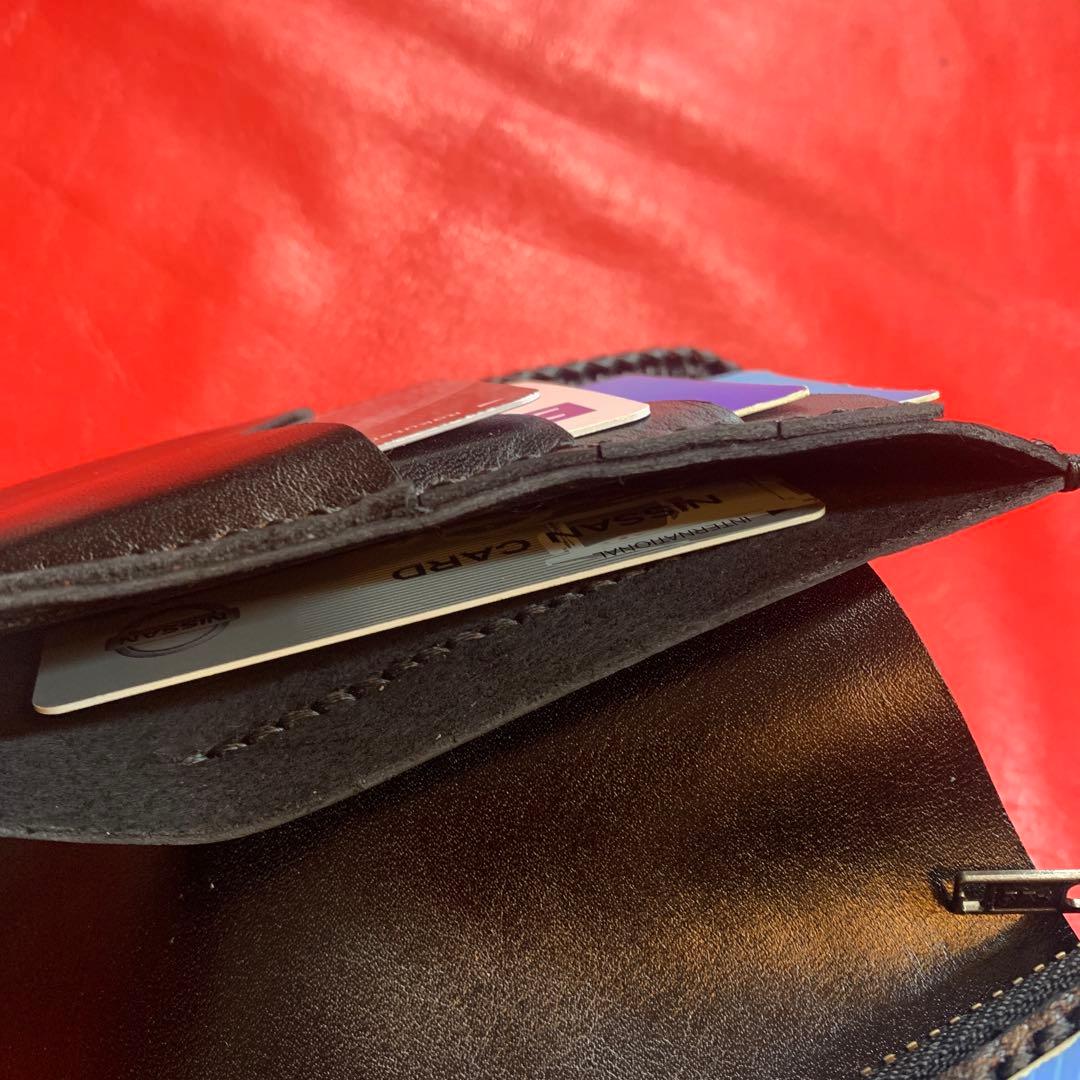 レザークラフトハンドメイドカウ柄ハラコレザーミドルウォレット牛レース編み黒色