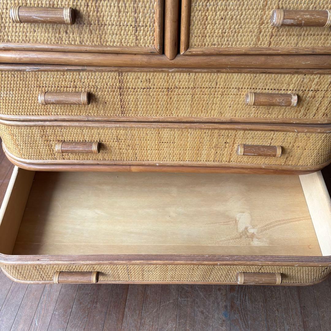 昭和レトロ ラタン ワイドチェスト 5段6杯 籐家具 収納棚 アジアン 古家具