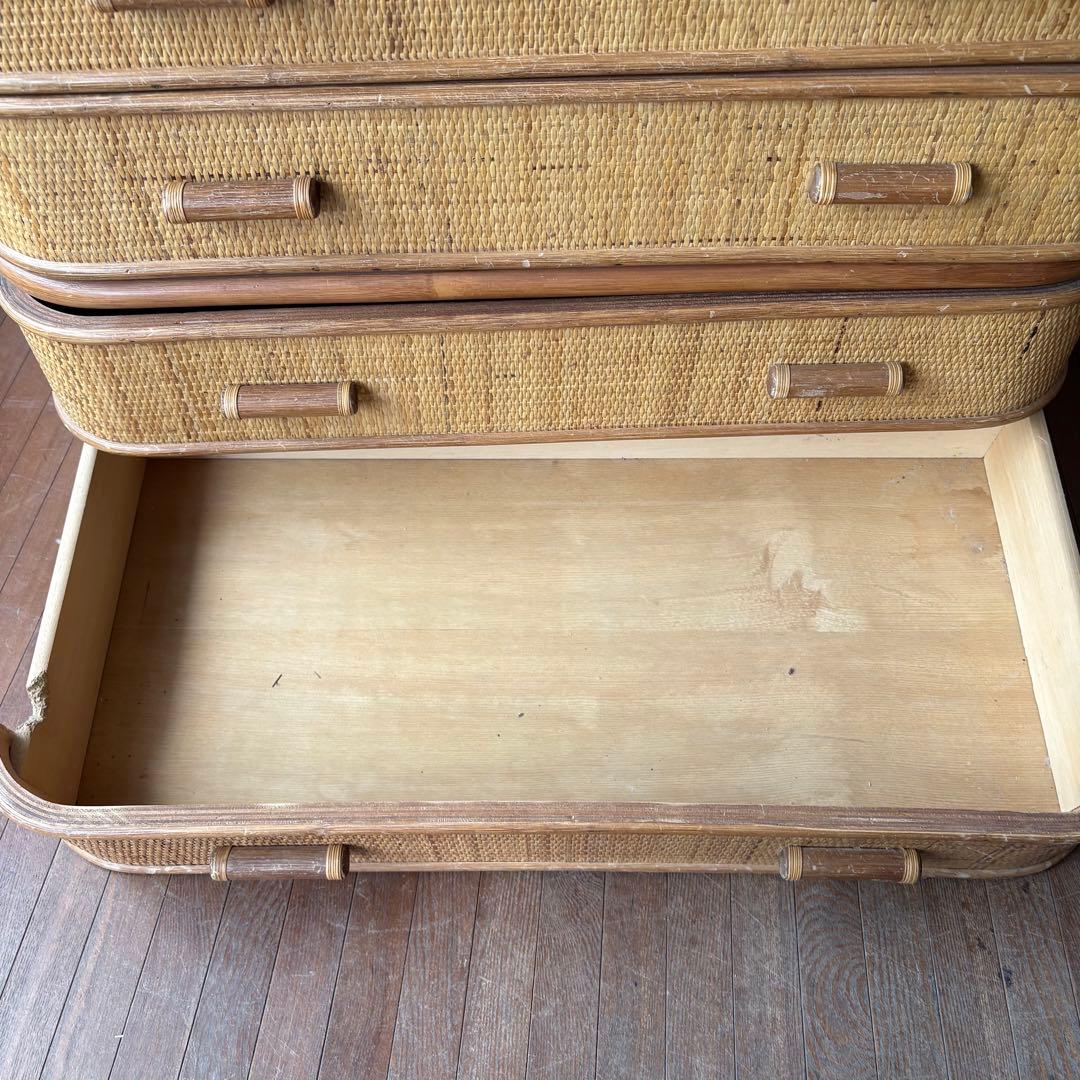 昭和レトロ ラタン ワイドチェスト 5段6杯 籐家具 収納棚 アジアン 古家具