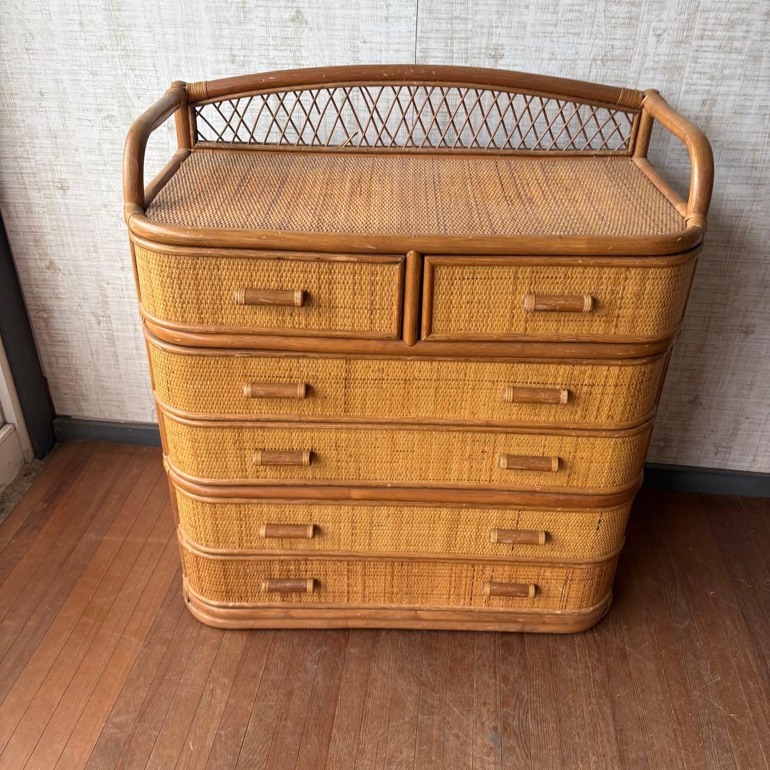 昭和レトロ ラタン ワイドチェスト 5段6杯 籐家具 収納棚 アジアン 古家具