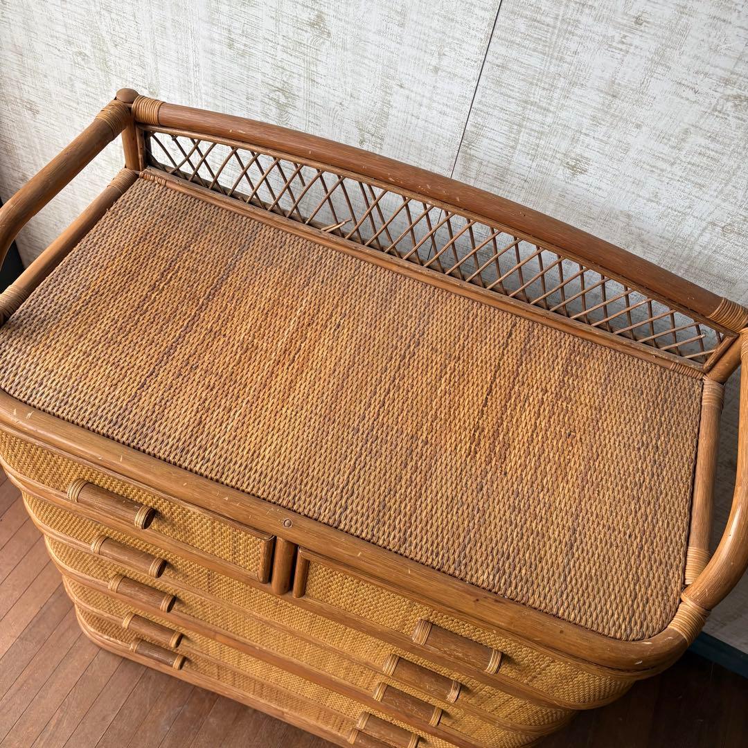 昭和レトロ ラタン ワイドチェスト 5段6杯 籐家具 収納棚 アジアン 古家具