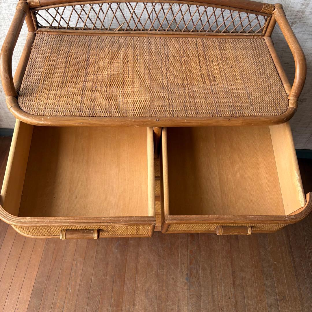昭和レトロ ラタン ワイドチェスト 5段6杯 籐家具 収納棚 アジアン 古家具
