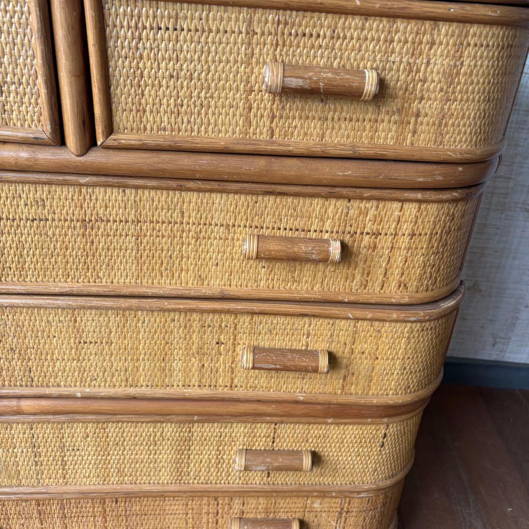 昭和レトロ ラタン ワイドチェスト 5段6杯 籐家具 収納棚 アジアン 古家具