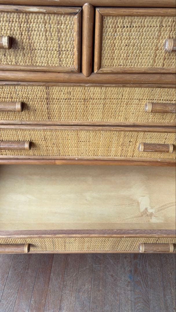 昭和レトロ ラタン ワイドチェスト 5段6杯 籐家具 収納棚 アジアン 古家具