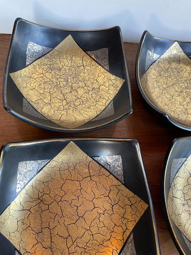SuLu 美品 四角 金銀黒 中鉢 取り皿 銘々皿 4客+小皿 豆皿 4客