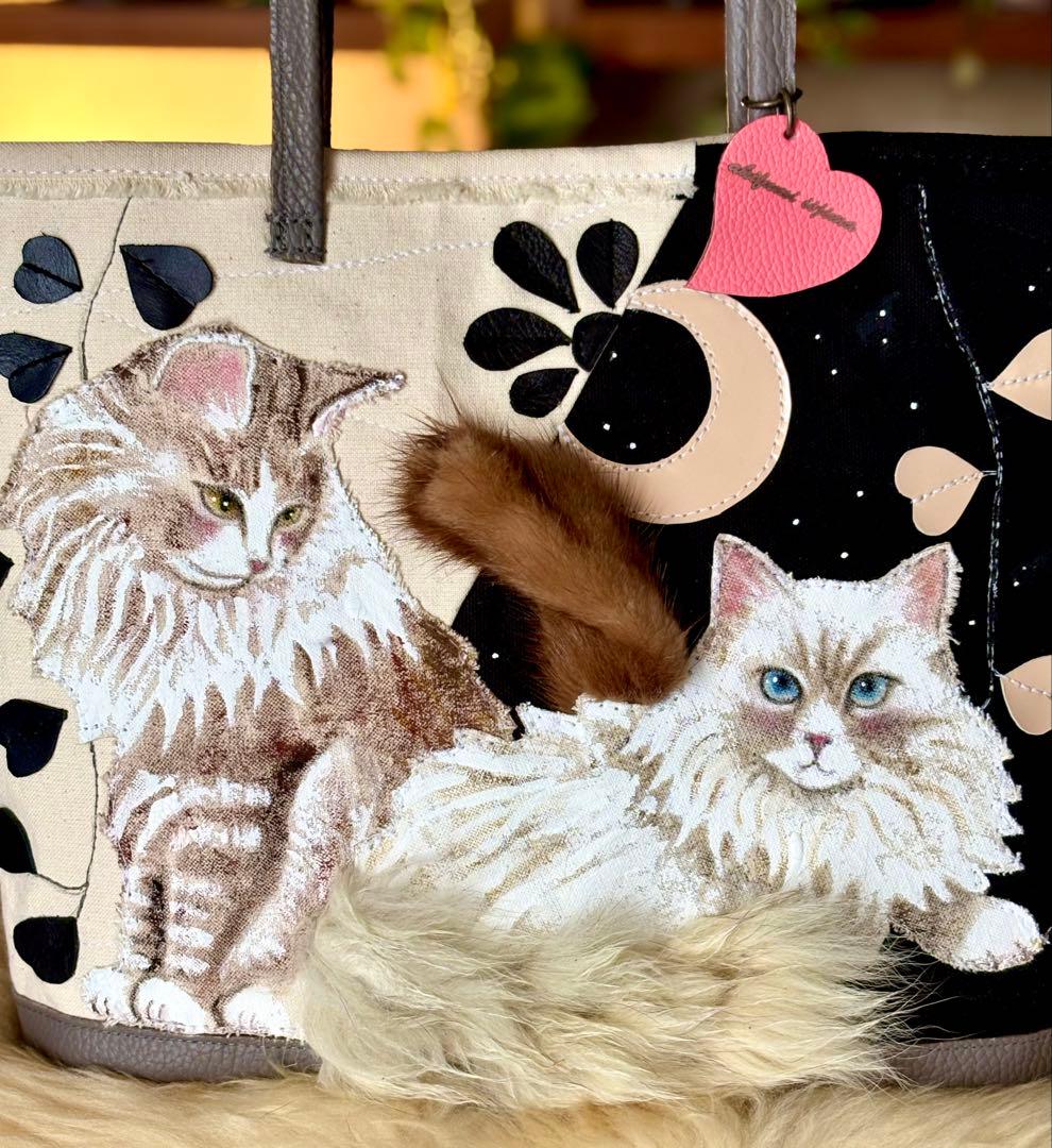 (手づくり)\"愛と愛\"猫とねこのファートートバッグ