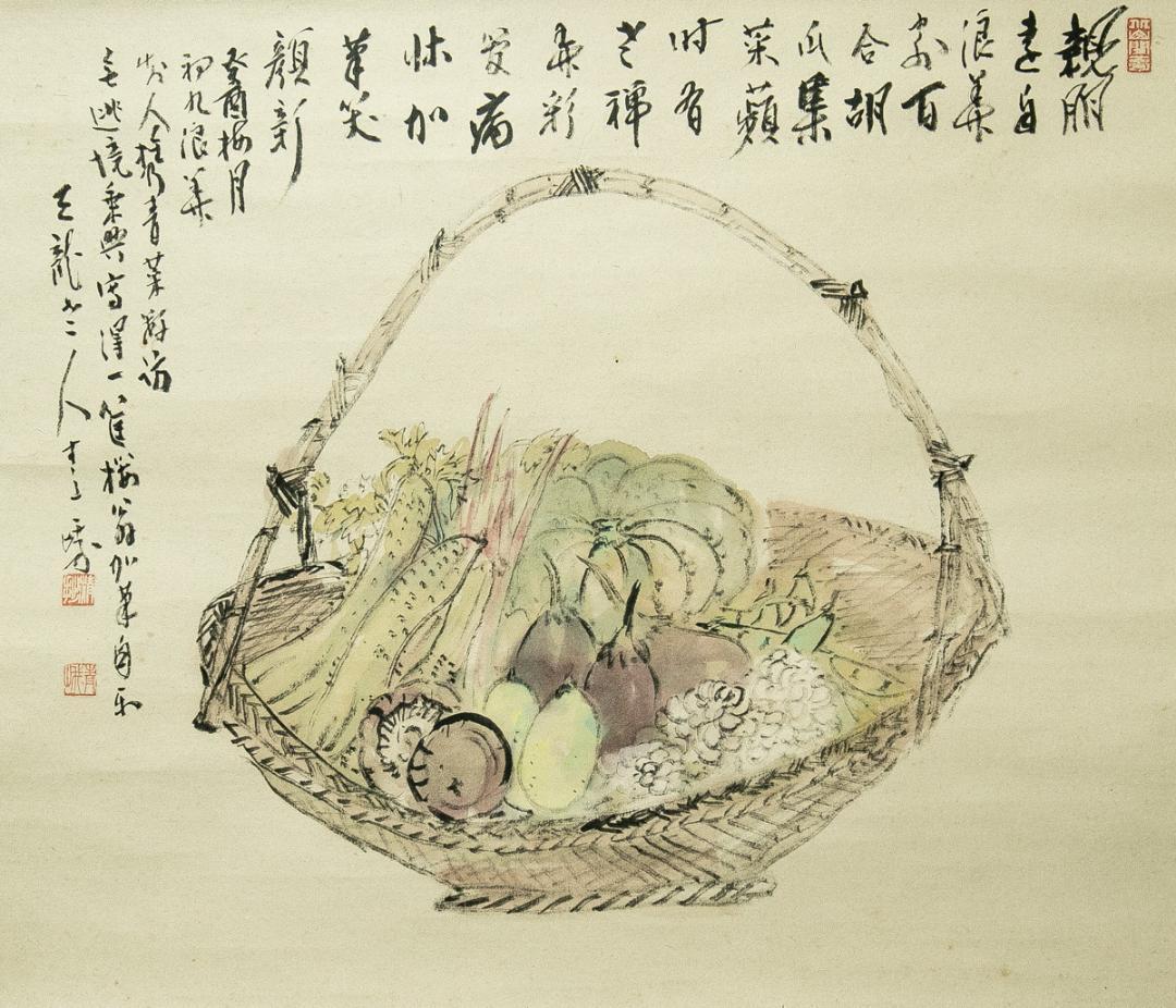 掛軸-1645　天龍寺　関清拙　賛　野原桜洲　画　野菜籠森　共箱