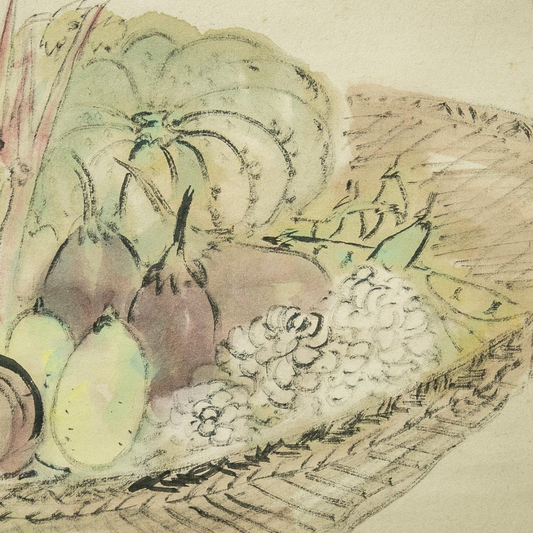 掛軸-1645　天龍寺　関清拙　賛　野原桜洲　画　野菜籠森　共箱