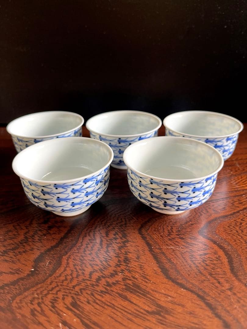 平安春峰　メダカ染付煎茶椀 古物５客