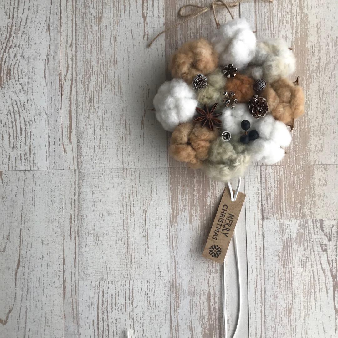 No15 5色のコットンと木の実のクリスマスリース　ホワイトクリスマスリース