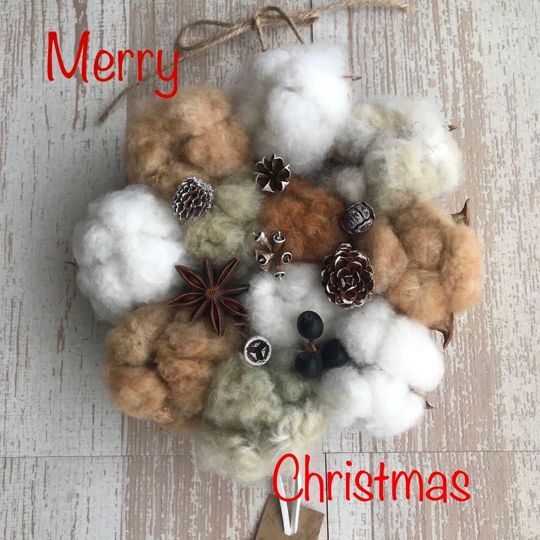 No15 5色のコットンと木の実のクリスマスリース　ホワイトクリスマスリース