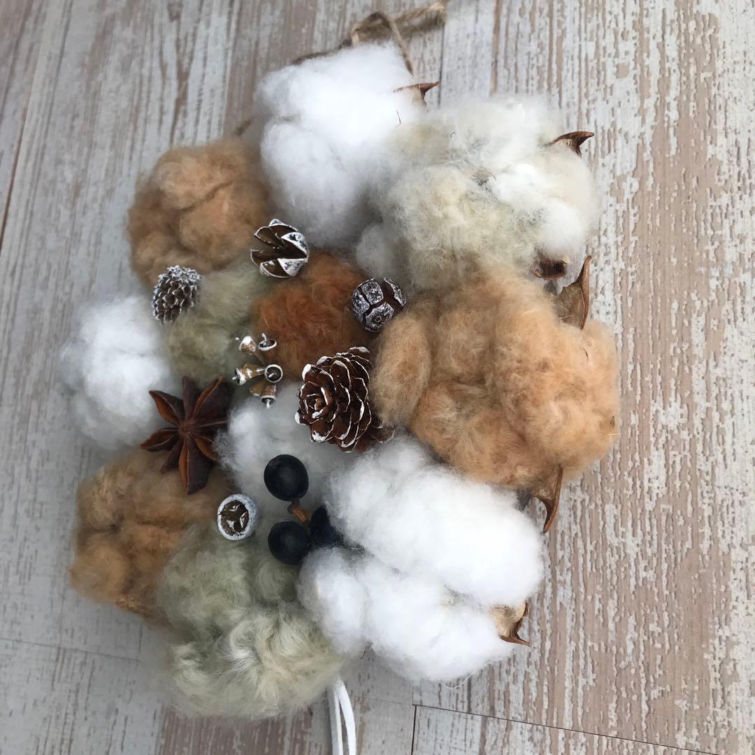 No15 5色のコットンと木の実のクリスマスリース　ホワイトクリスマスリース