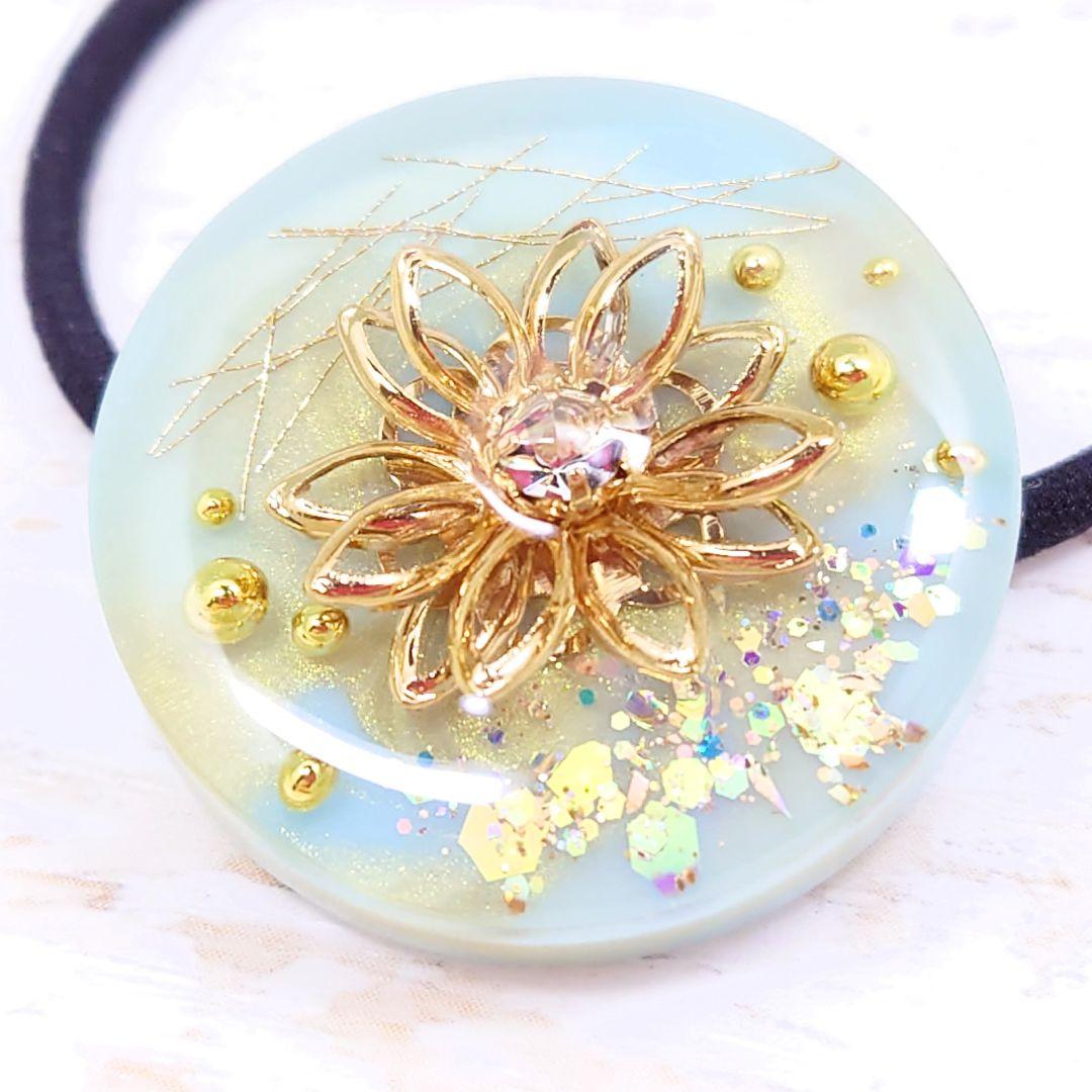 お花のヘアゴム✿ハンドメイド レジン ブルー ネックレス 青 ゴールド キラキラ