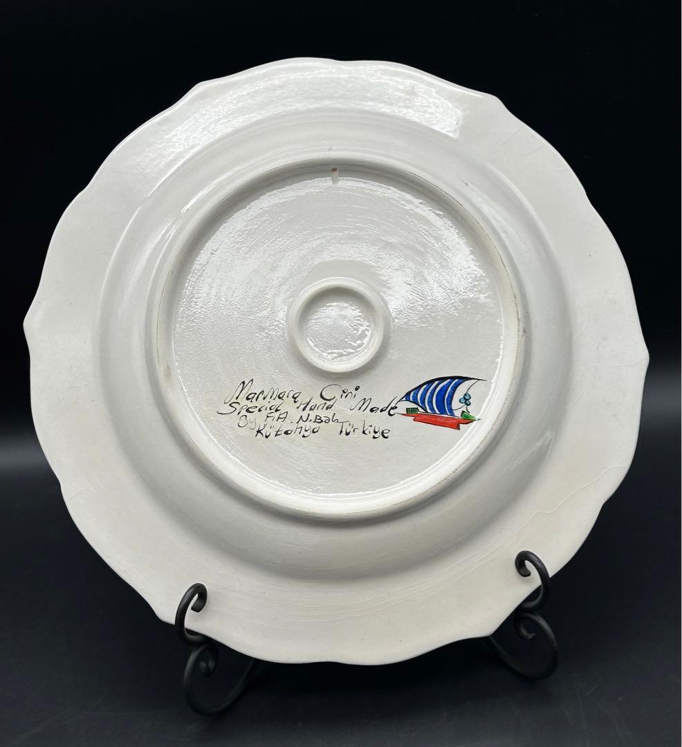 陶器　トルコ　キュタフヤ陶器　大皿　飾り皿　絵皿　帆船　サインあり　手描き