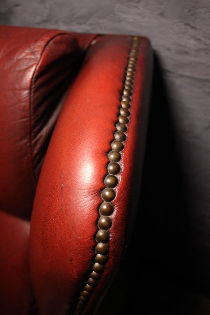 首都圏送無料〜　輸入アンティークソファ　総本革　バーガンディ　3人掛けソファ