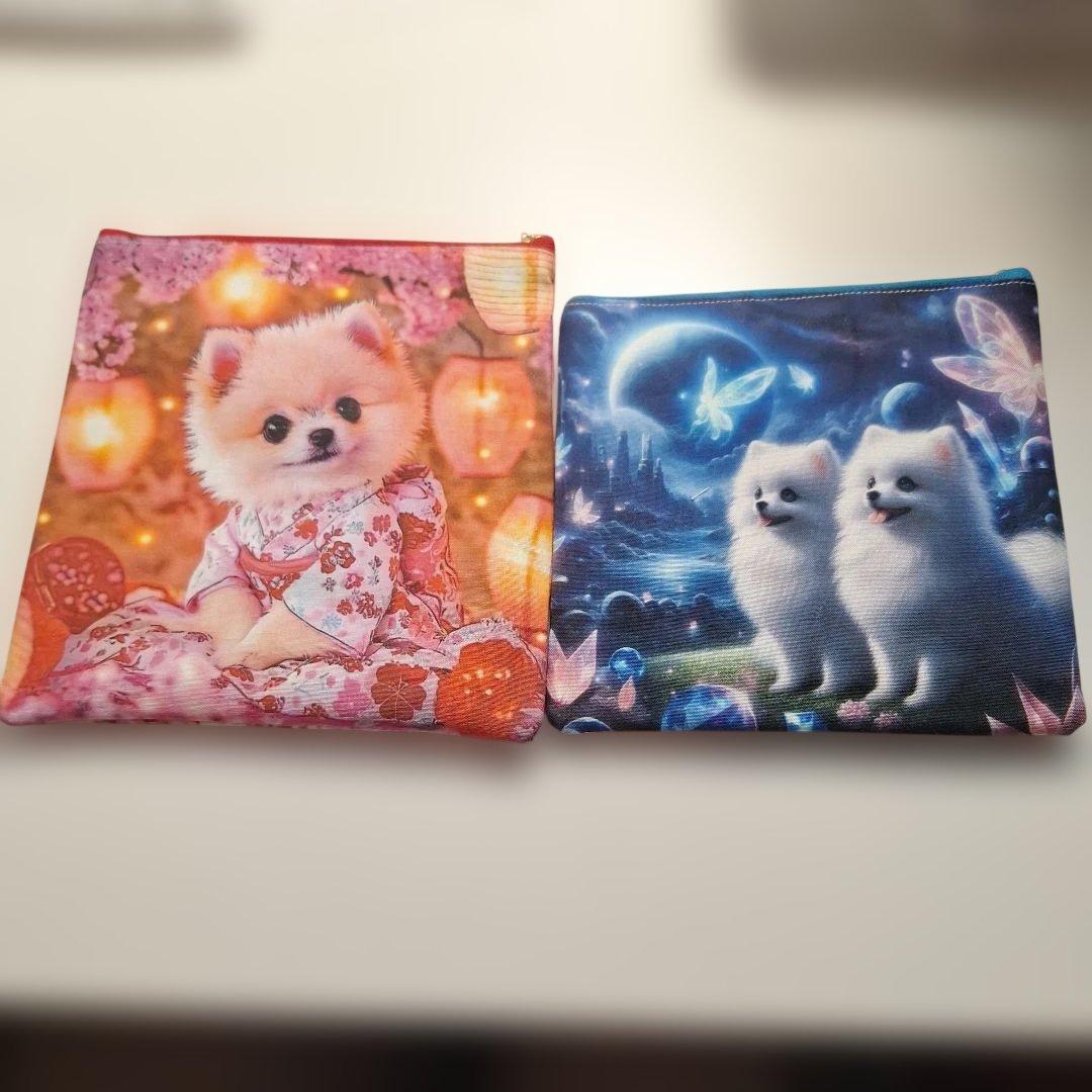 激レアポメラニアンパネル生地　ハンドメイド　フラットポーチ
