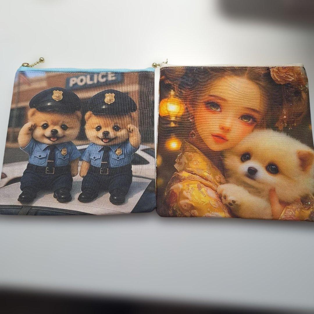 激レアポメラニアンパネル生地　ハンドメイド　フラットポーチ