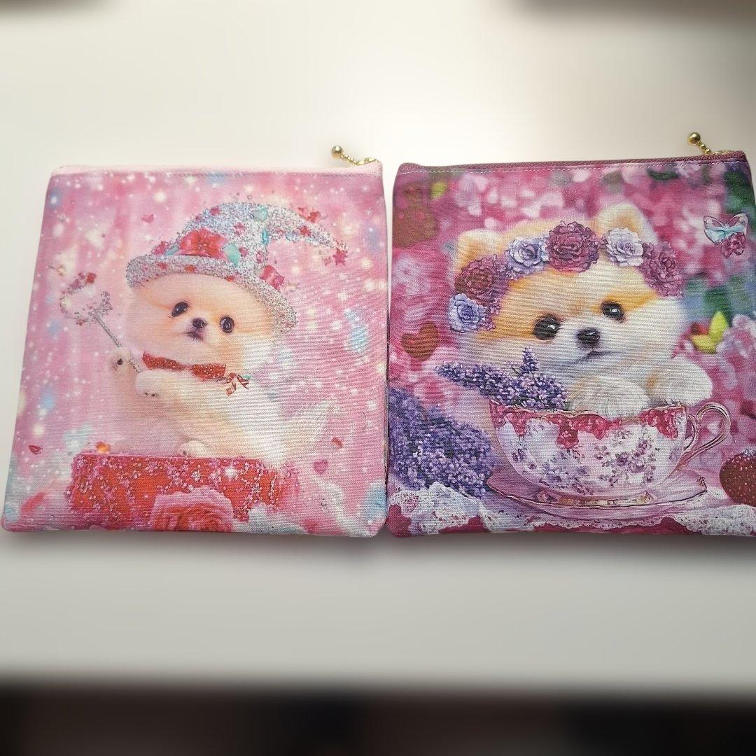 激レアポメラニアンパネル生地　ハンドメイド　フラットポーチ