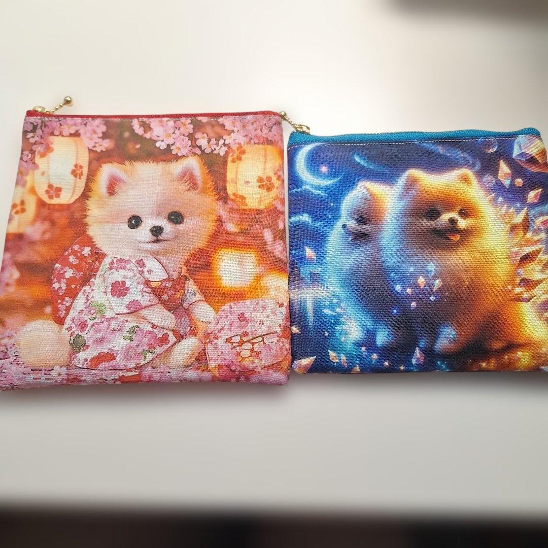 激レアポメラニアンパネル生地　ハンドメイド　フラットポーチ