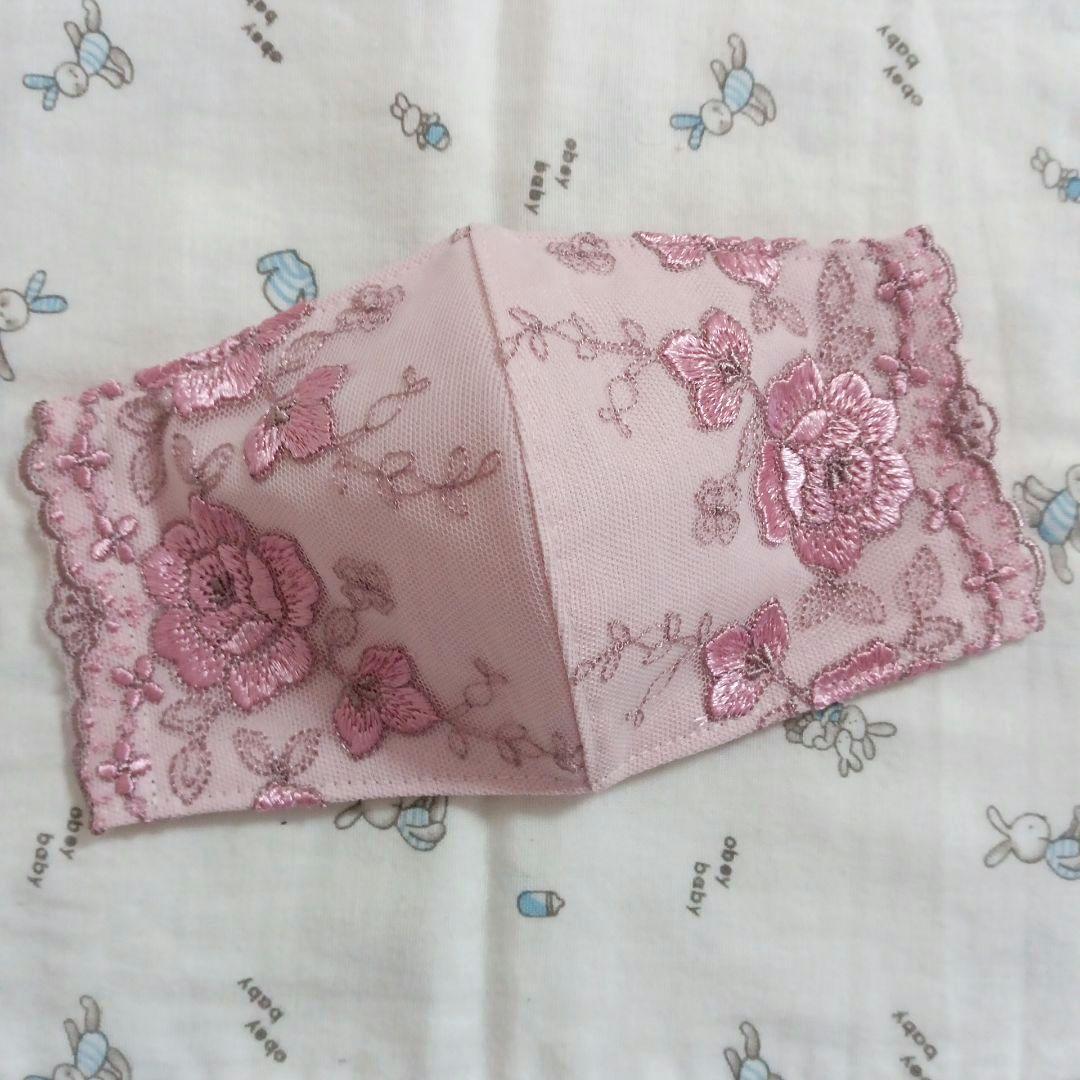 M98★ベビーピンク★チュール★薔薇✿刺繍レース★ハンドメイドマスク