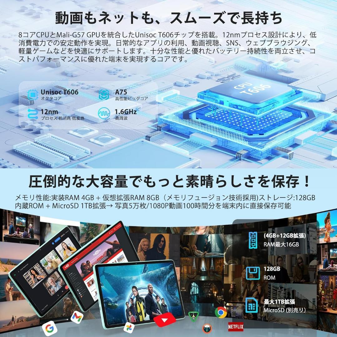 Android 15 タブレット 10インチ Wi-Fi12GB+128GB