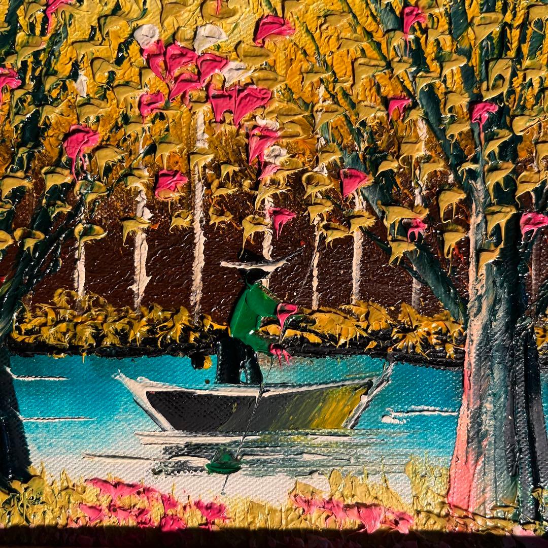 手書き油絵 秋の川流れ 額付き  絵画 インテリア