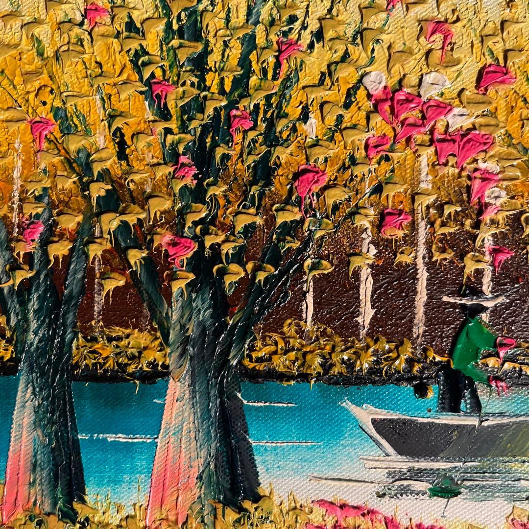手書き油絵 秋の川流れ 額付き  絵画 インテリア