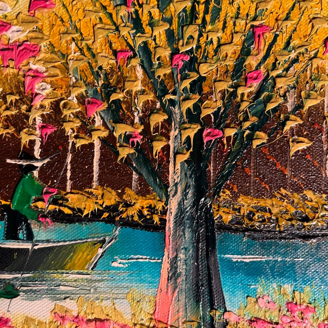 手書き油絵 秋の川流れ 額付き  絵画 インテリア