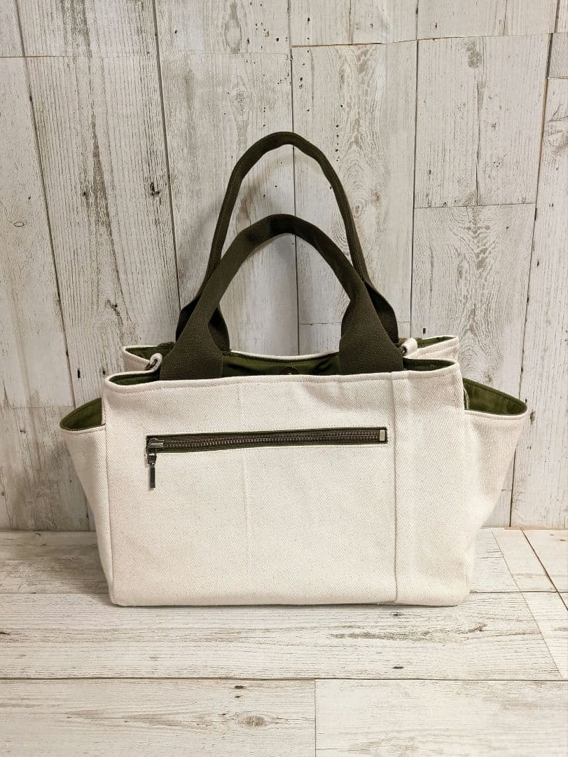 コットンニット＆生成りのコットントートバッグ☆カーキ　USEDコットンパンツ