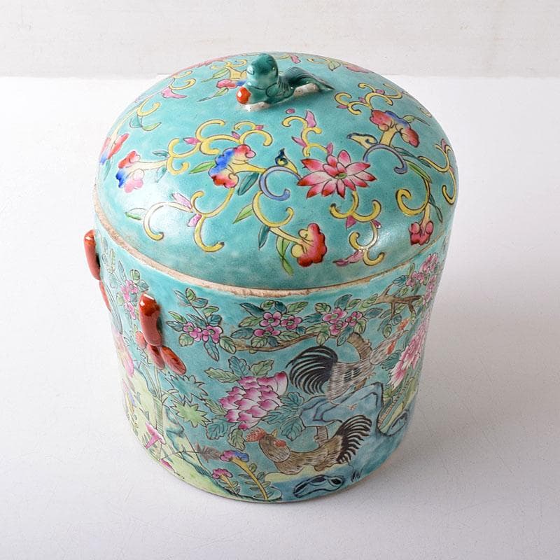 中国　粉彩　花鳥文　蓋付壺　時代箱　V　7753C