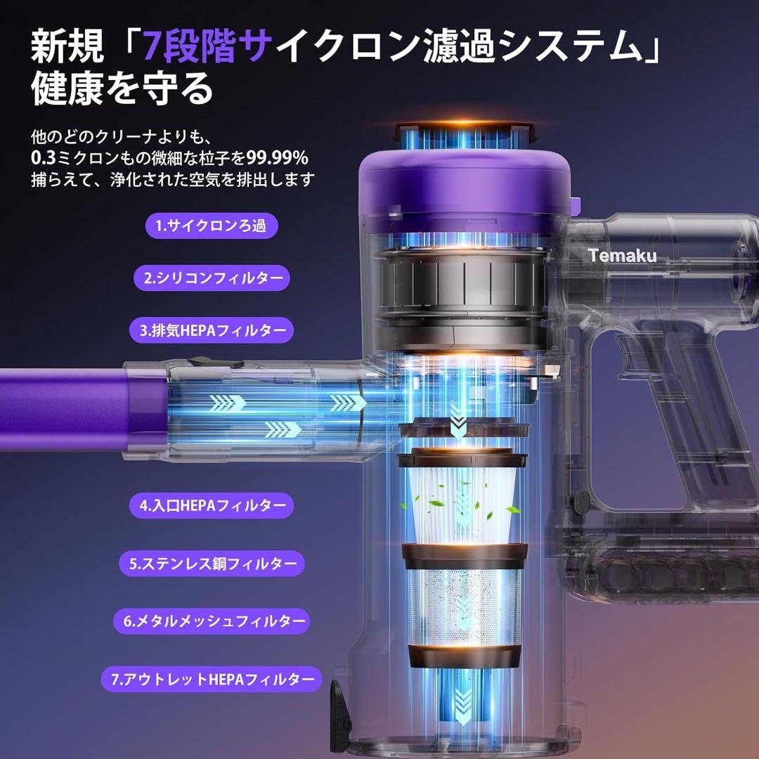 掃除機 コードレス 紫　強力吸引　65分連続稼働　自立式　AI汚れ自動検知