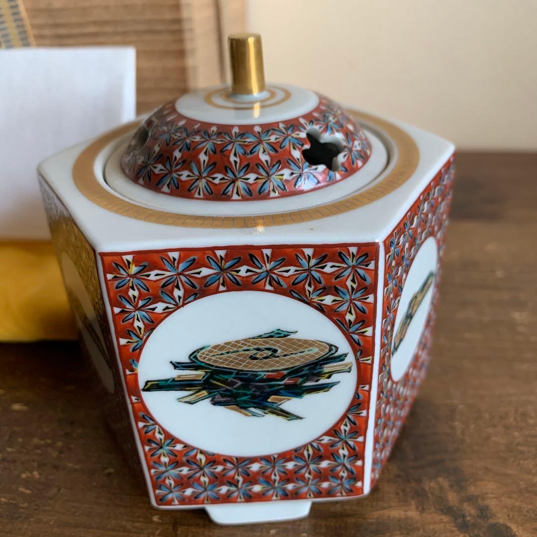 新品 九谷焼 山岸大成 香炉 貝の図 六角形