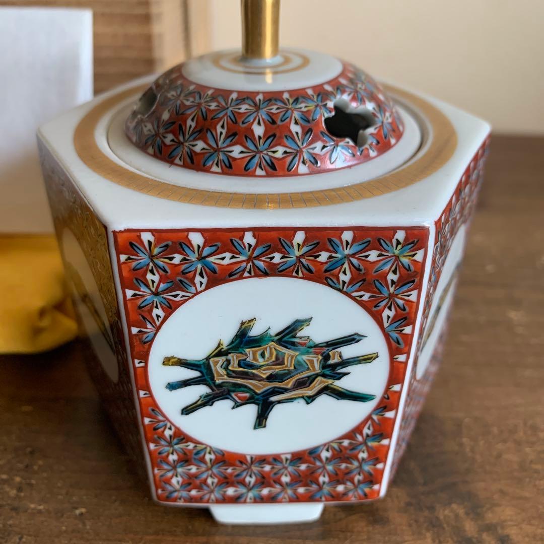 新品 九谷焼 山岸大成 香炉 貝の図 六角形