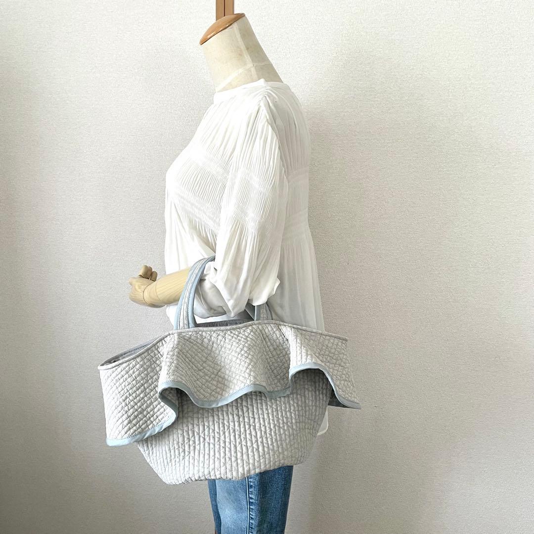 フレアフリル付き丸底マルシェバッグ　ヌビバッグ　ライトグレー　ハンドメイド