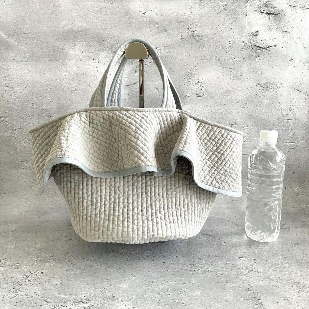 フレアフリル付き丸底マルシェバッグ　ヌビバッグ　ライトグレー　ハンドメイド