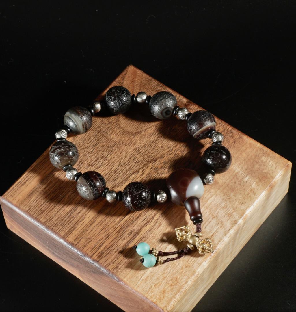 中古 瑪瑙珠 手串 金剛杵モチーフ ターコイズ装飾 中国美術 C1A088