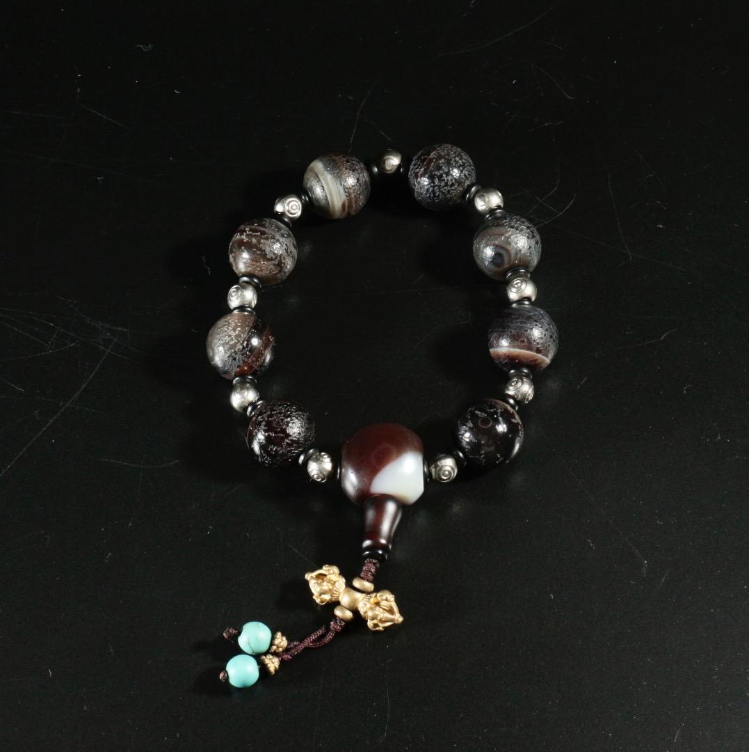 中古 瑪瑙珠 手串 金剛杵モチーフ ターコイズ装飾 中国美術 C1A088