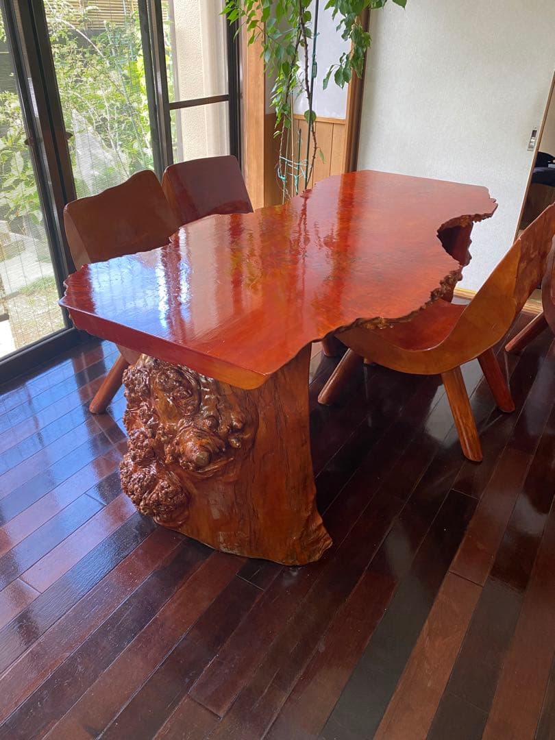 栃の木　とちの木　一枚板テーブル　注文製作　イス5脚　座敷用脚短い有　一枚板