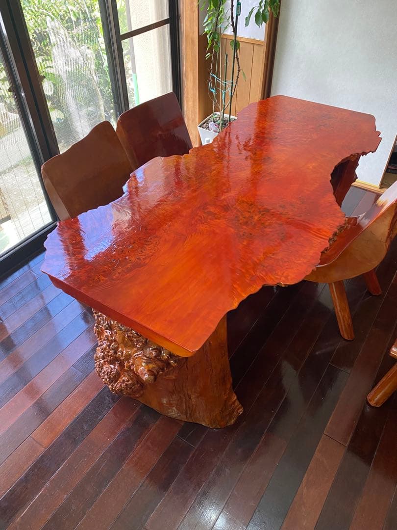 栃の木　とちの木　一枚板テーブル　注文製作　イス5脚　座敷用脚短い有　一枚板