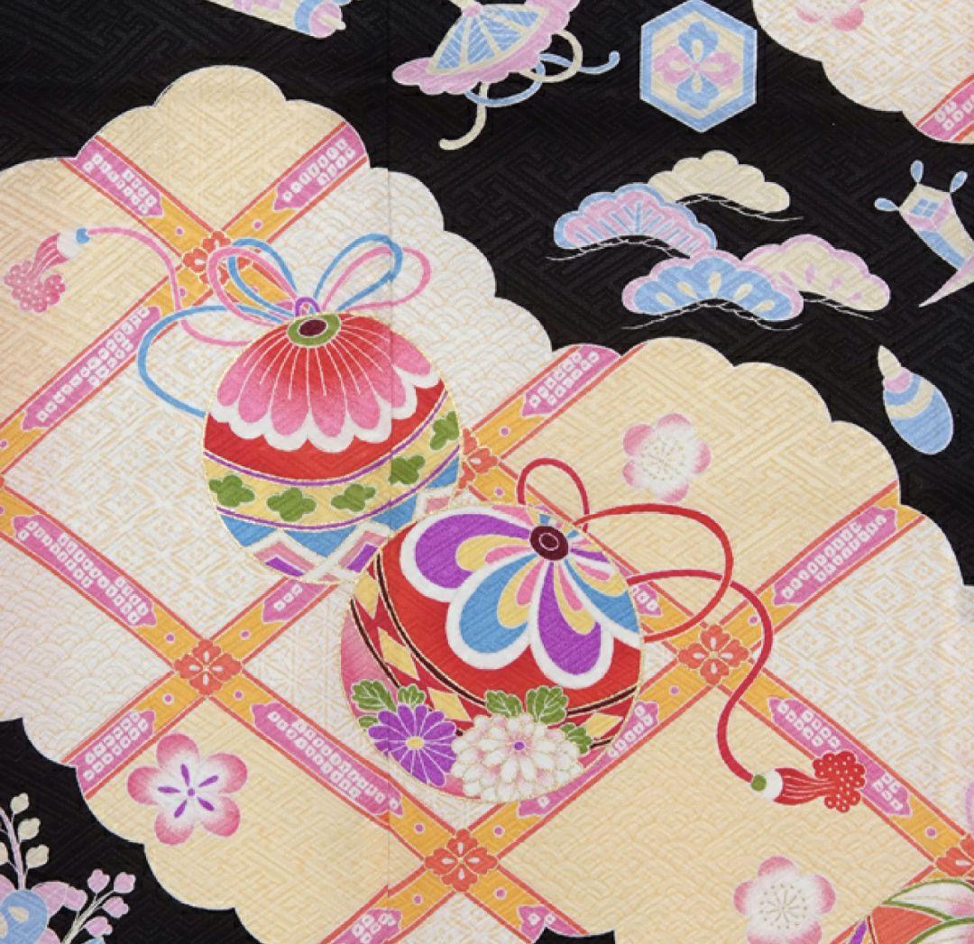 正絹　七五三　着物　長襦袢セット　黒　手毬　宝尽し