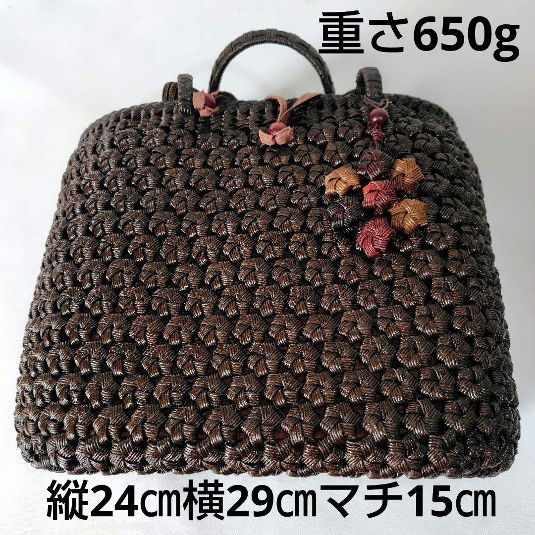 クラフトで作った山葡萄風柿渋染めアンティーク調花結び編みかごバッグ（巾着タイプ）