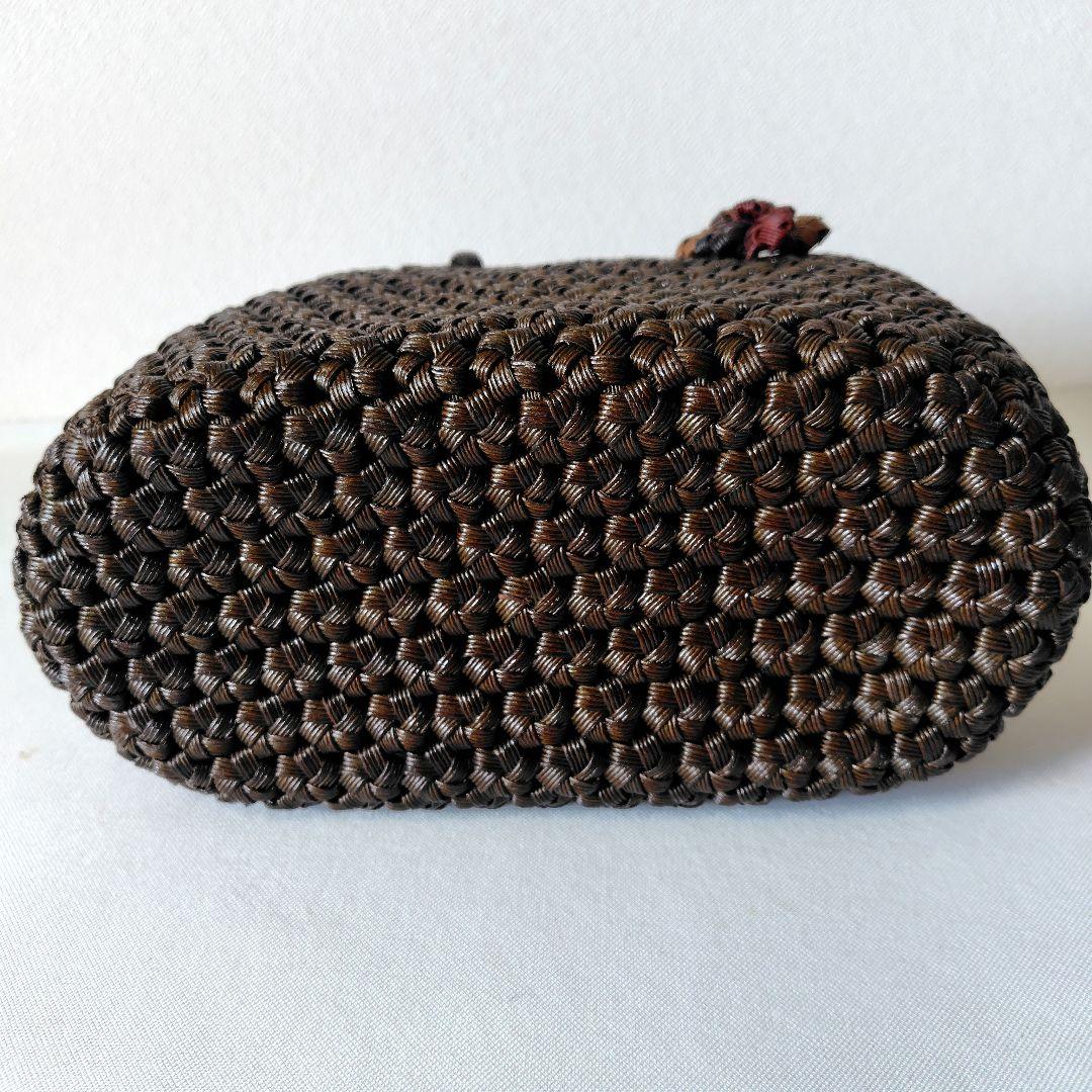 クラフトで作った山葡萄風柿渋染めアンティーク調花結び編みかごバッグ（巾着タイプ）