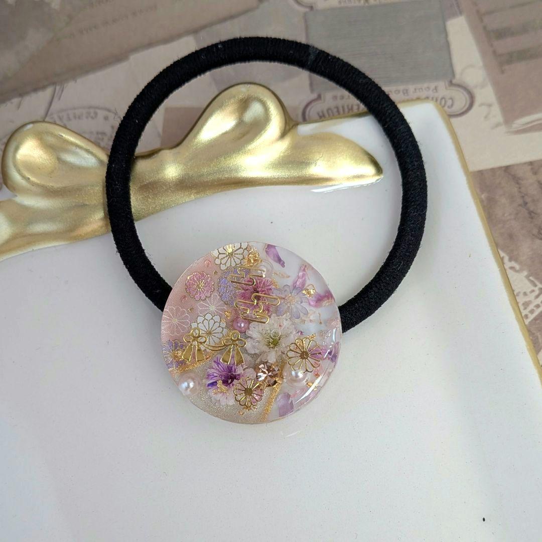 ＃512 和柄✴ピンク＆パープル✴レジンヘアゴムキーホルダーブローチ