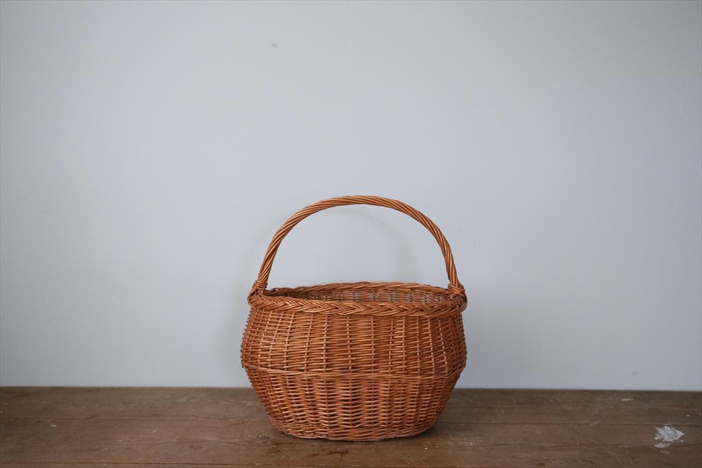 フランスアンティークラタン製バスケット/パニエ/アラログカゴ籐籠(86-15)